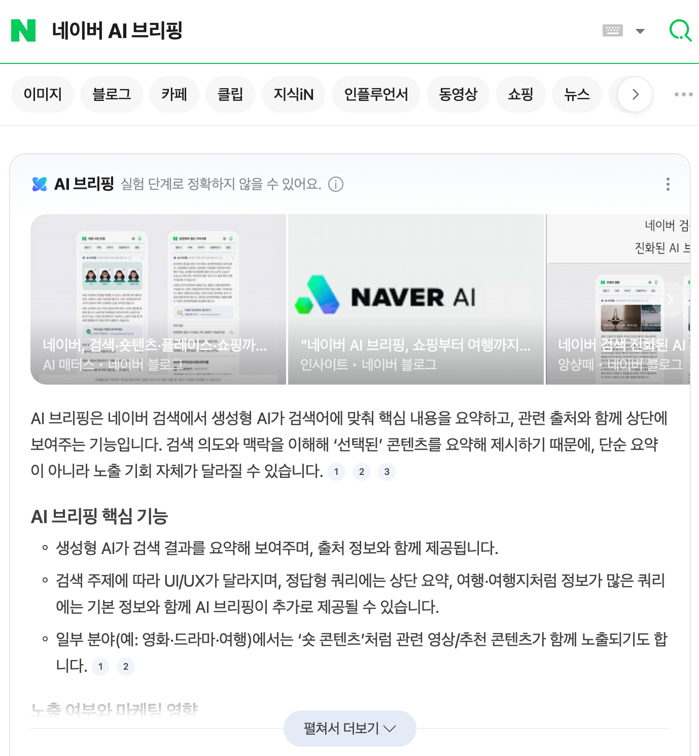 네이버 검색 화면에 표시된 AI 브리핑 요약과 출처 링크